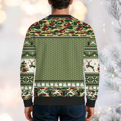 Third lifestyle view showcasing the hunting themed holiday sweater