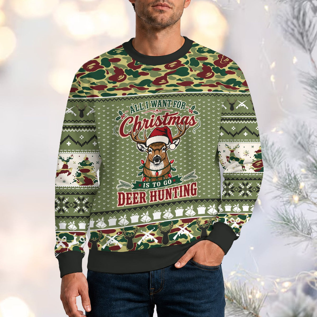 Fourth lifestyle image of the ugly deer sweater worn outdoors