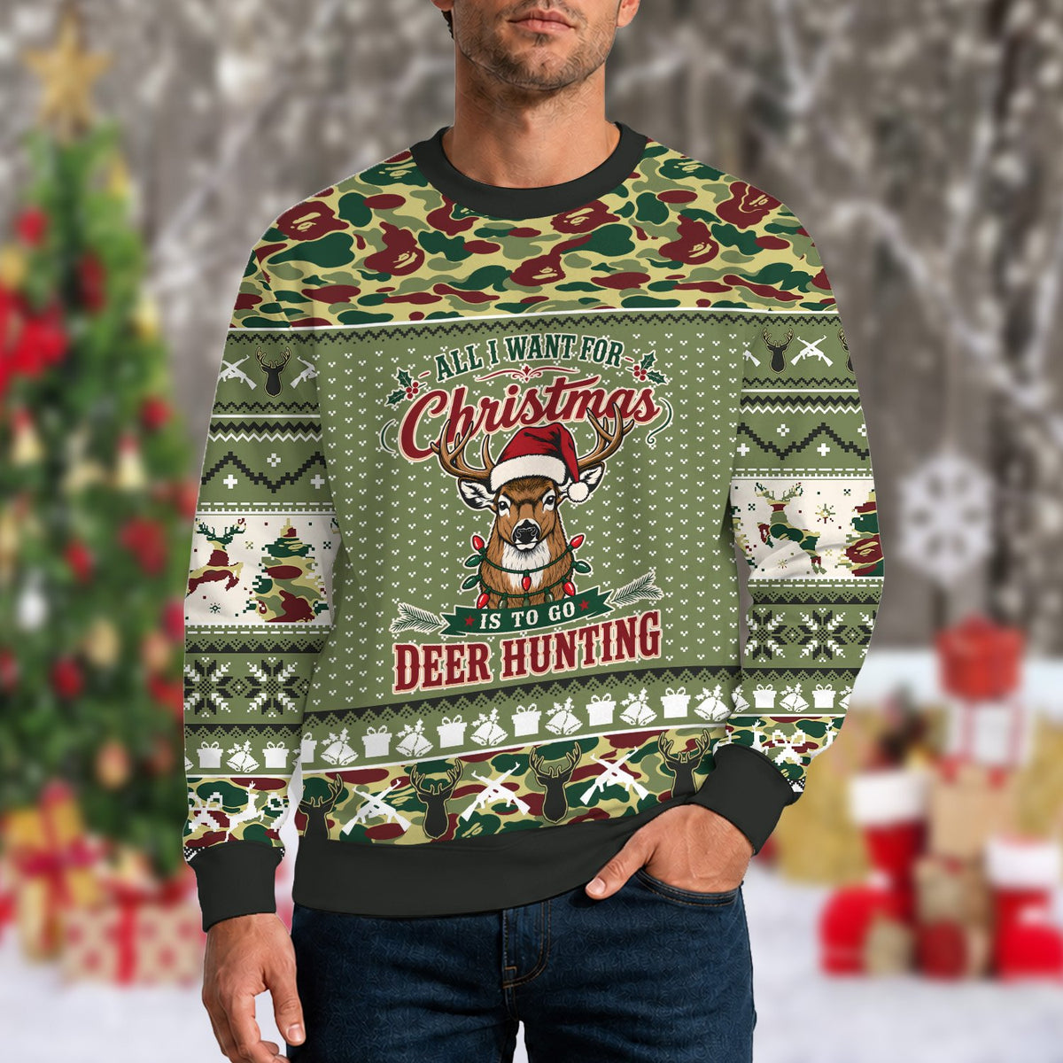 Lifestyle view of an adult wearing the deer hunting ugly sweater
