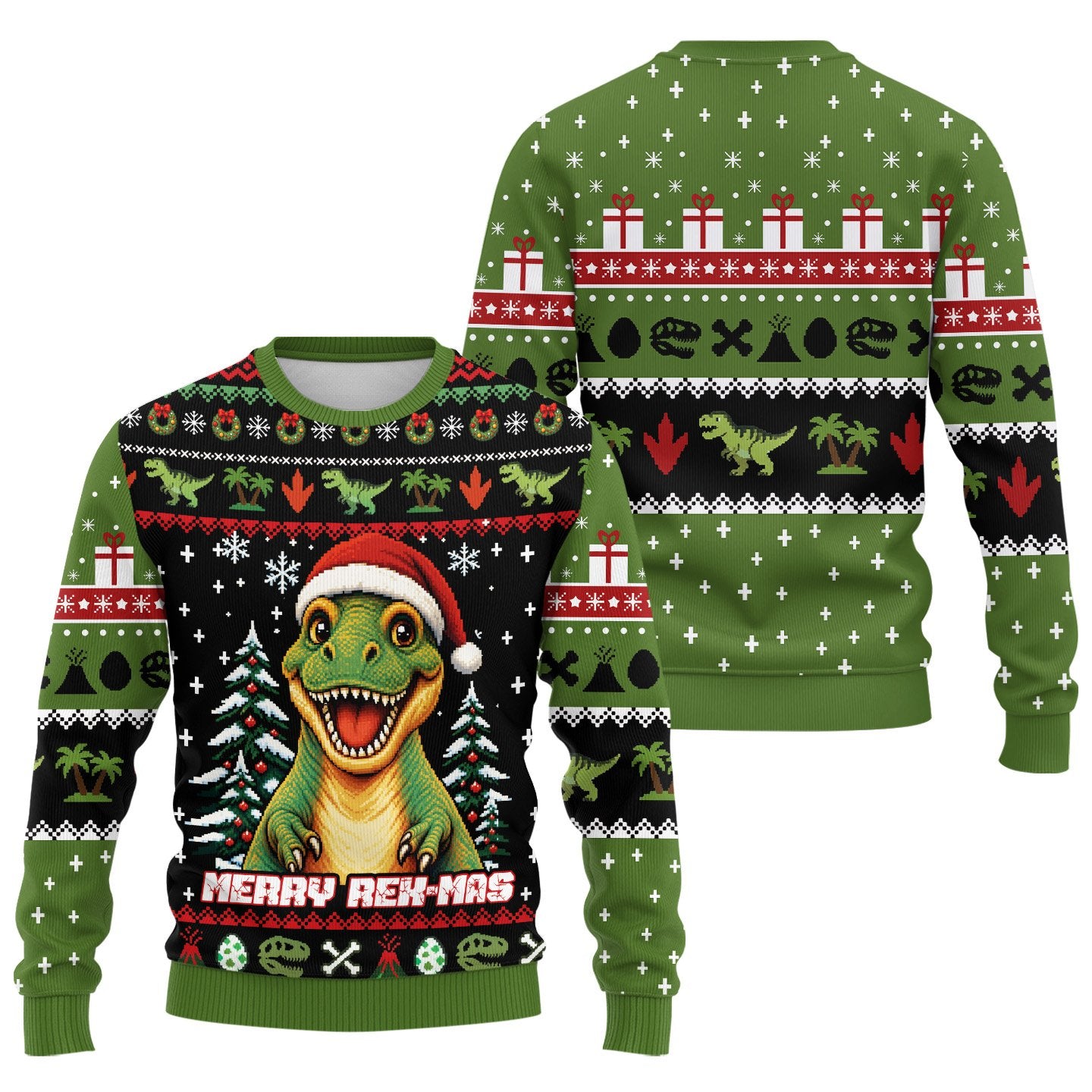 Front view of the green dinosaur holiday ugly sweater