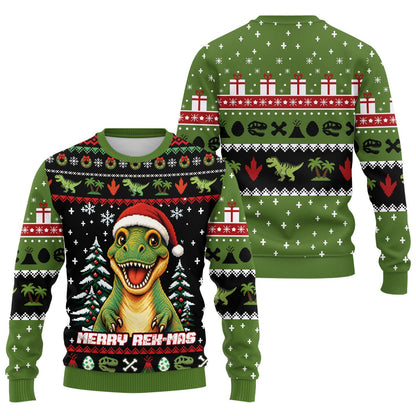Front view of the green dinosaur holiday ugly sweater