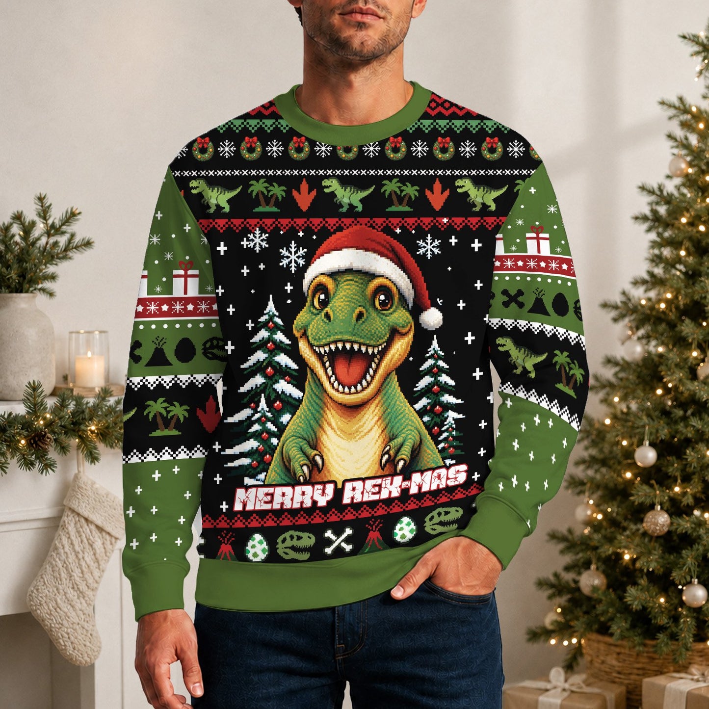 Lifestyle shot of the ugly christmas dinosaur sweater
