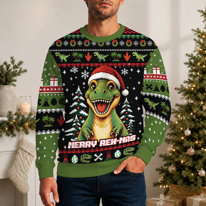 Lifestyle shot of the ugly christmas dinosaur sweater