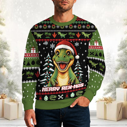 Festive lifestyle view showing the dinosaur sweater pattern