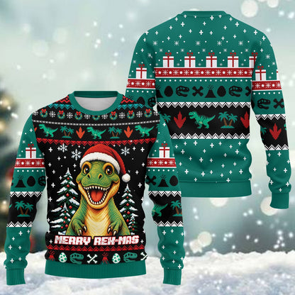 Another lifestyle angle of the Merry Rex-Mas ugly sweater