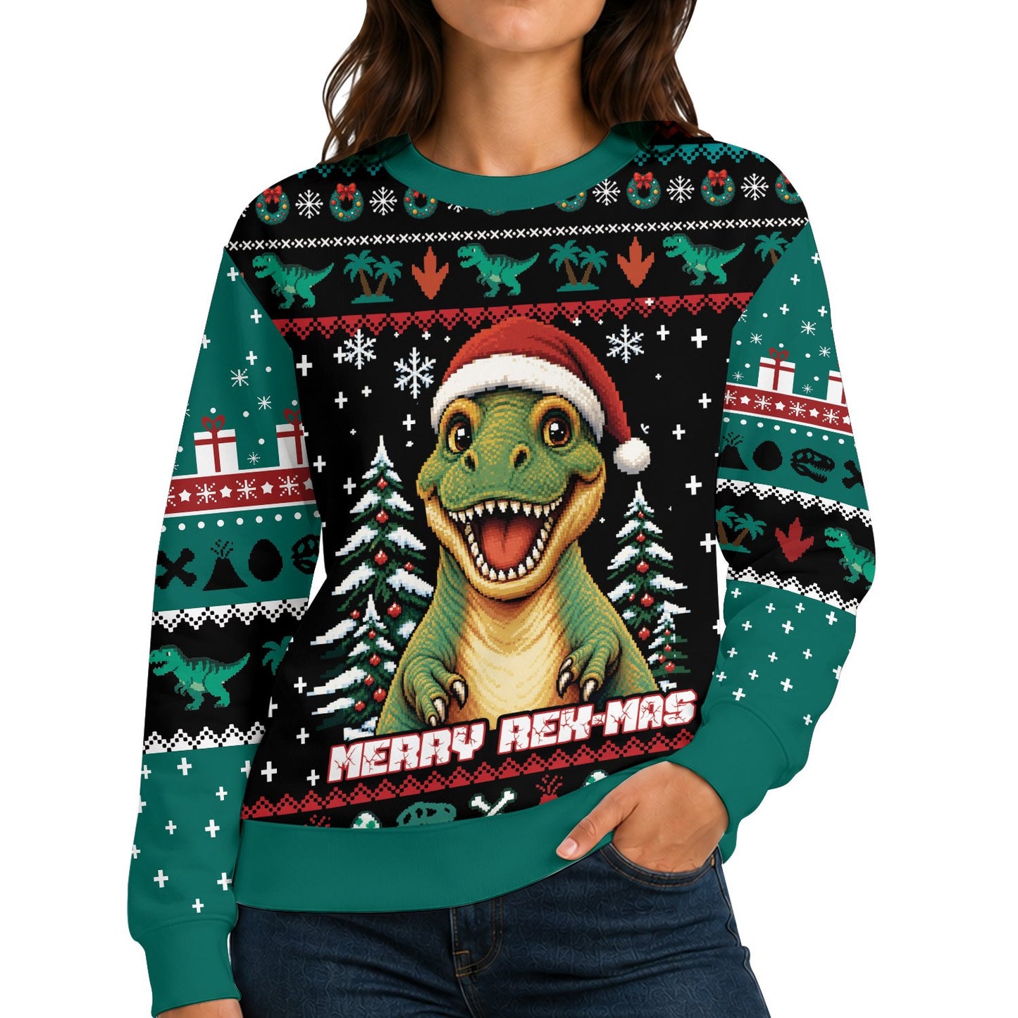 Close-up lifestyle view of the dinosaur holiday pattern