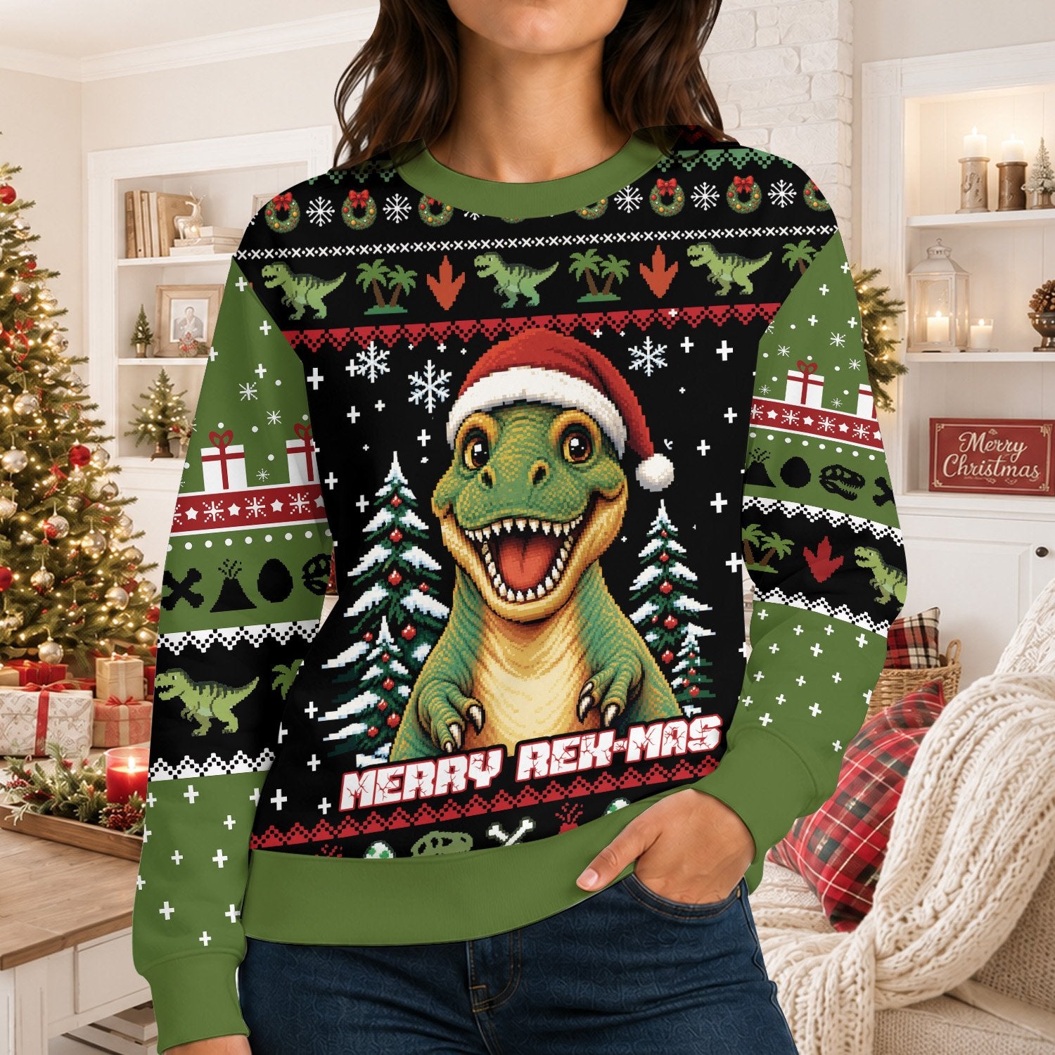 Person wearing the Merry Rex-Mas dinosaur sweater in a lifestyle setting
