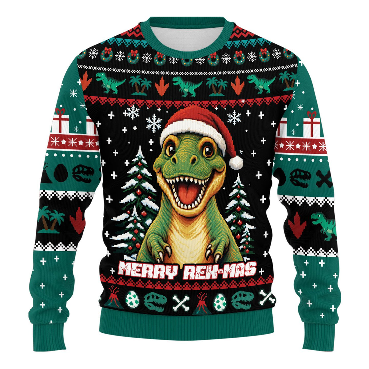 Alternate angle view of the dinosaur holiday ugly sweater