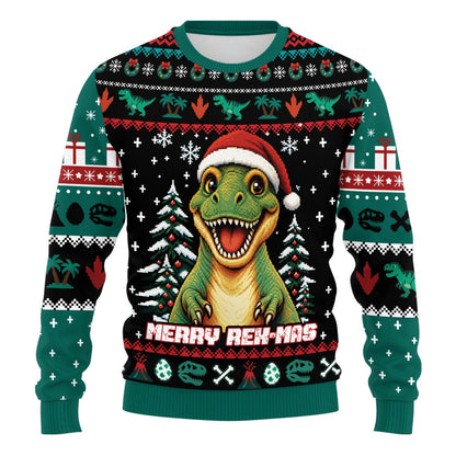 Alternate angle view of the dinosaur holiday ugly sweater