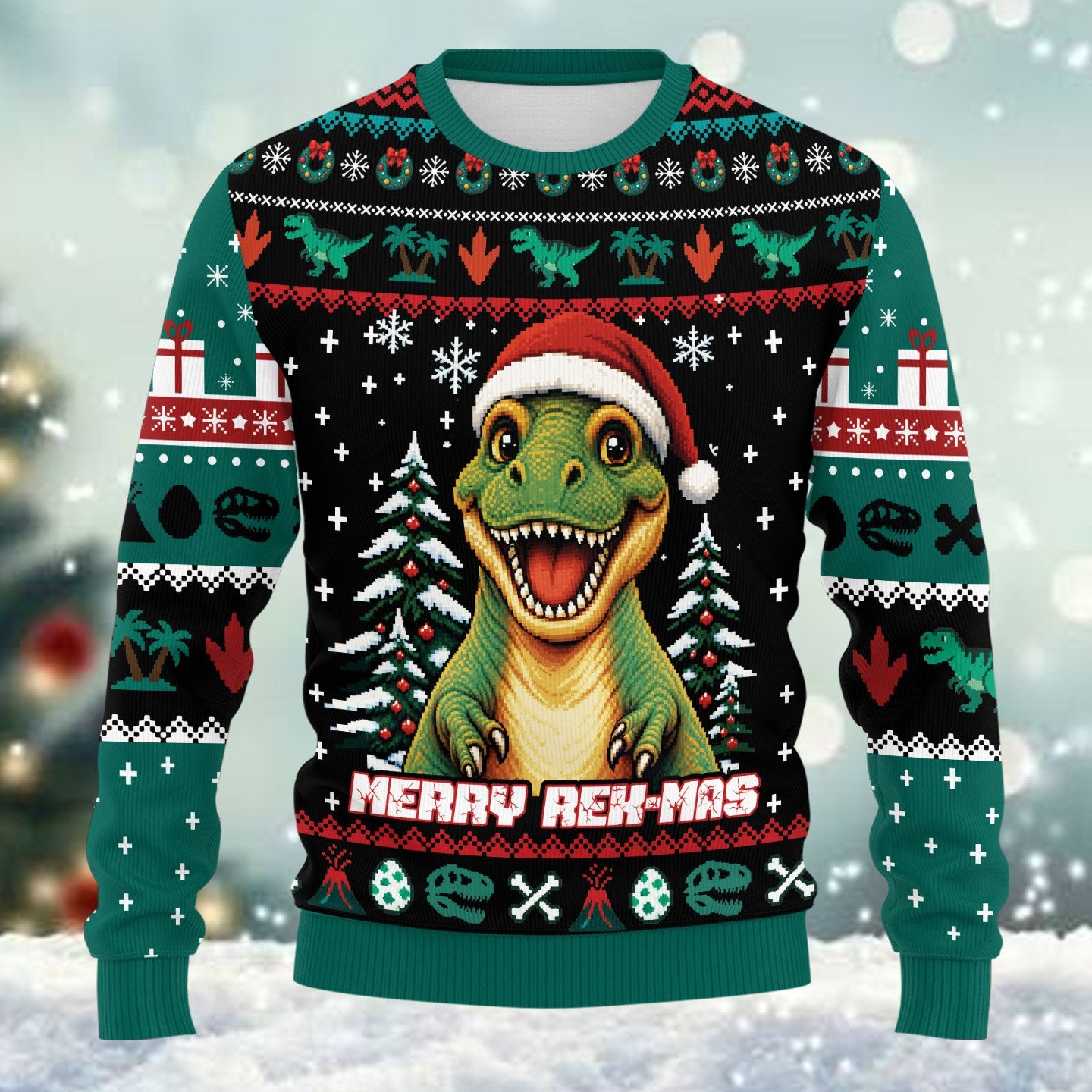 Back or side detail view of the green dinosaur seasonal sweater