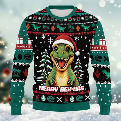 Back or side detail view of the green dinosaur seasonal sweater