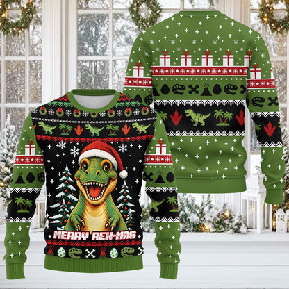 Detail view of the ugly christmas dinosaur sweater fabric and print