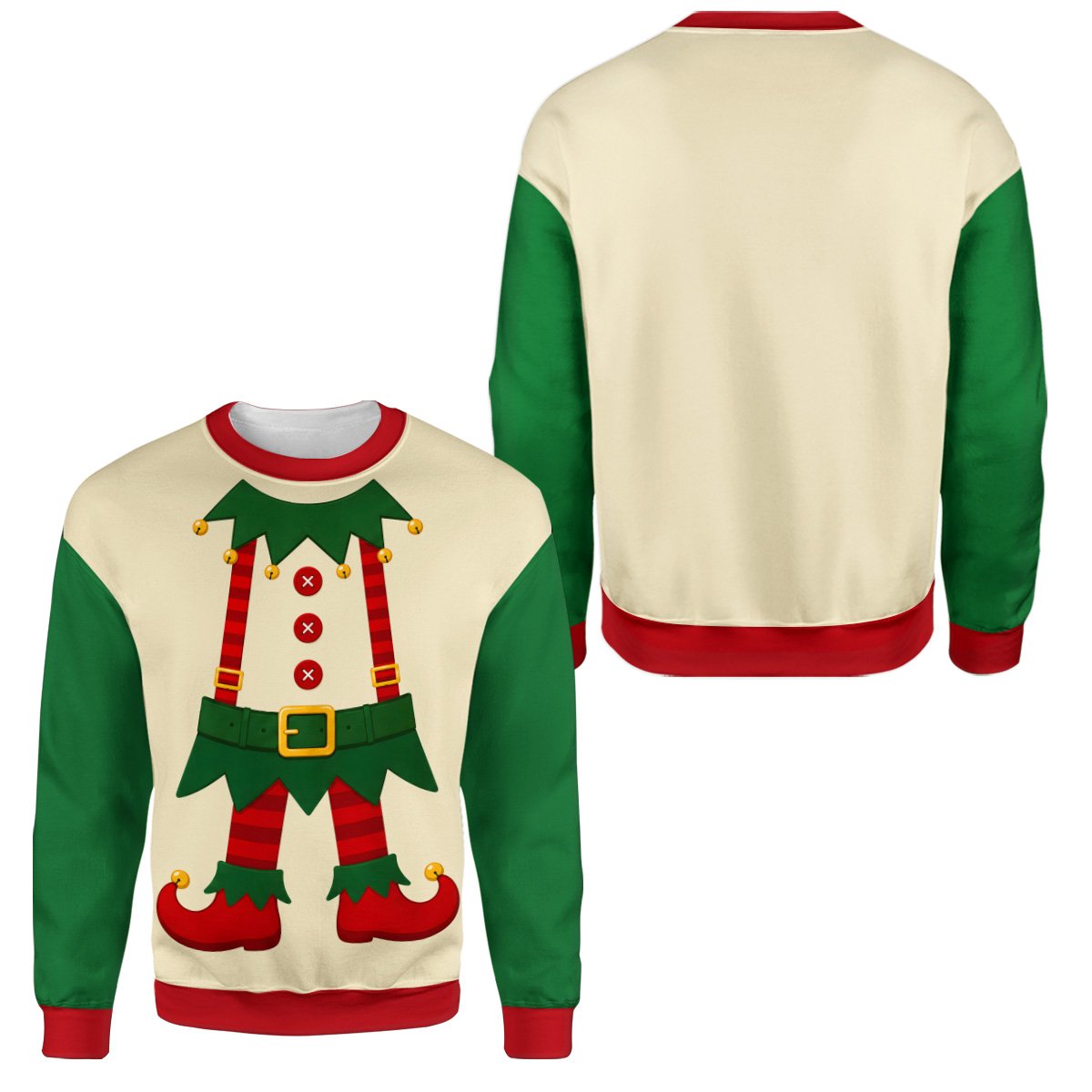 Ugly xmas sweater elf design with cream center, green sleeves, and red collar, front view