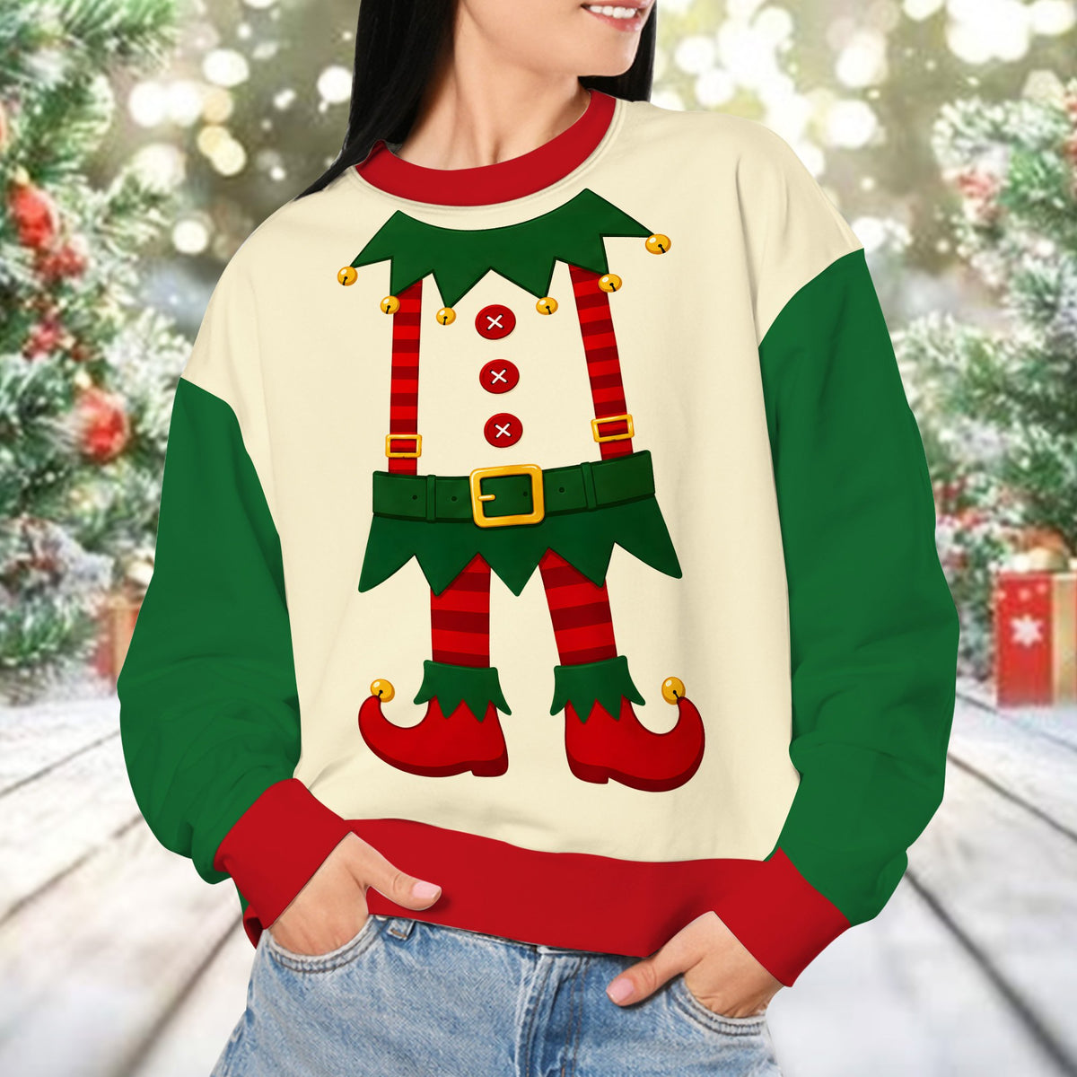 Lifestyle view of the elf ugly sweater showing the festive red and green details
