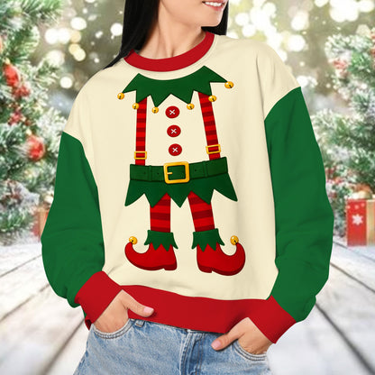 Lifestyle view of the elf ugly sweater showing the festive red and green details