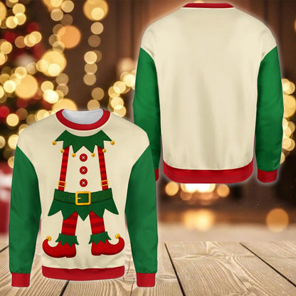 Full body lifestyle view wearing the holiday elf sweater