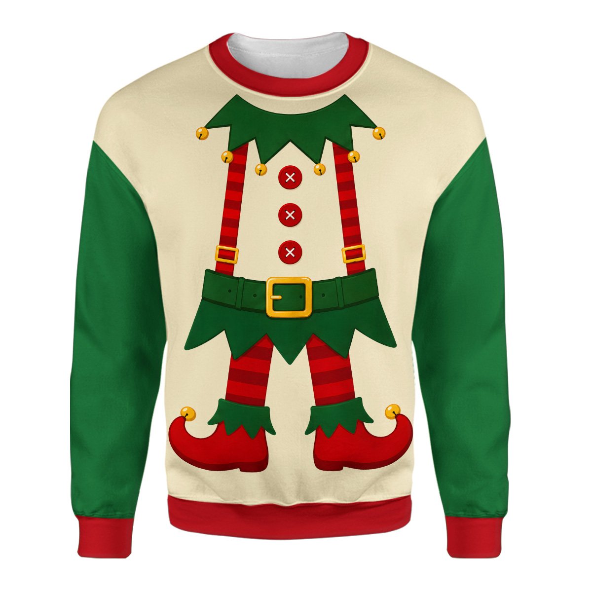 Casual lifestyle setting showing the ugly xmas sweater elf outfit