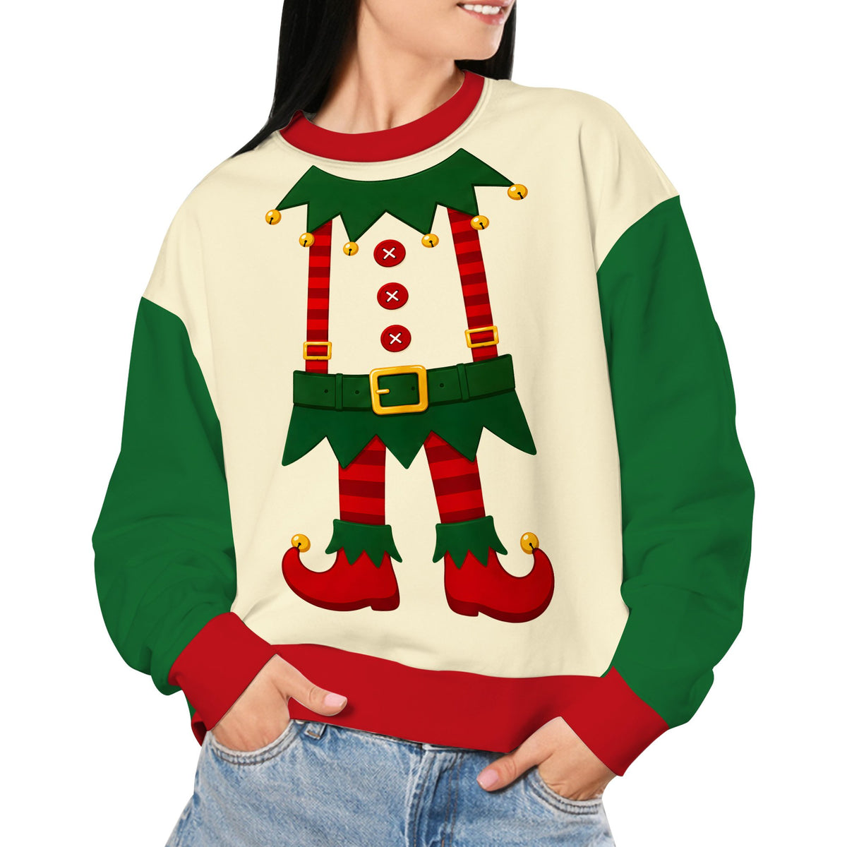 Adult wearing the elf body ugly christmas sweater at a holiday party