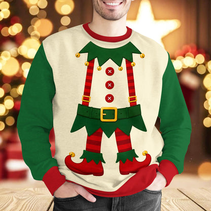 Detailed view of the red collar and green sleeves on the elf sweater