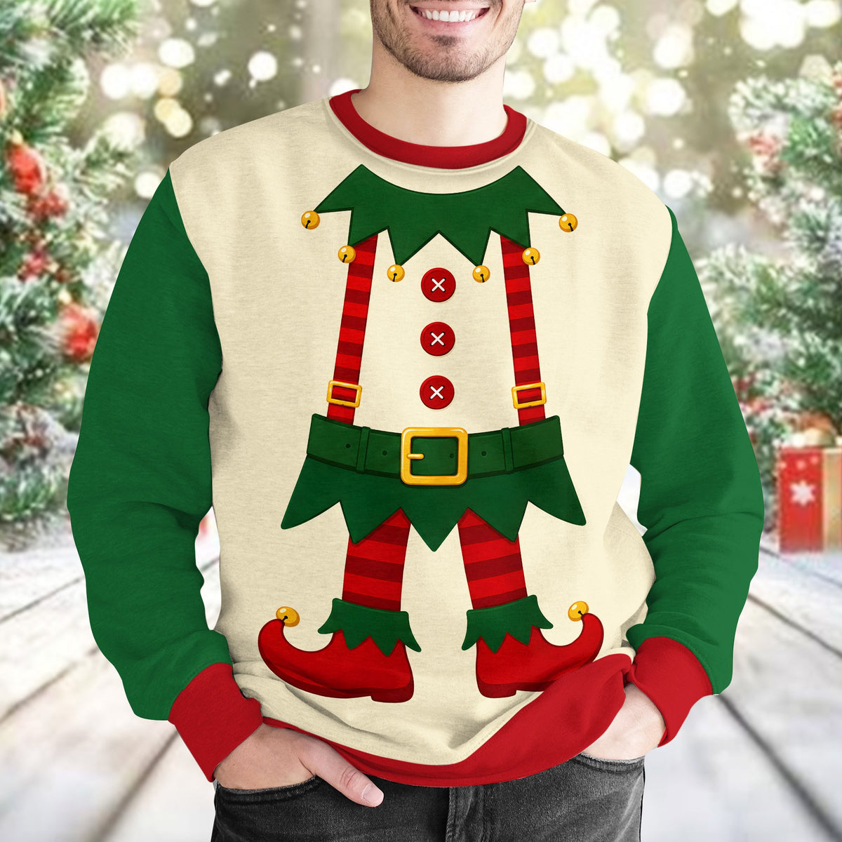 Flat lay view of the elf printed holiday sweater