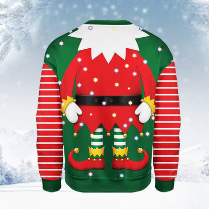 Detailed back view of the green, red, and white holiday sweater