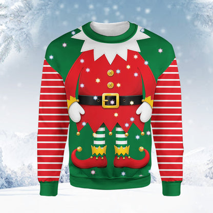 Detailed front view of the printed black belt and gold buckle on the elf sweater
