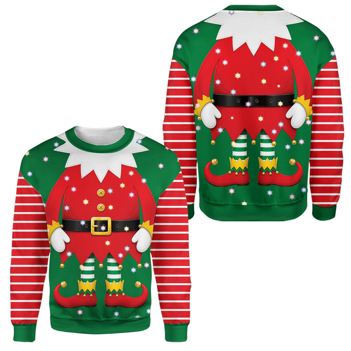 Close up of the red and white horizontal striped sleeves on the ugly sweater