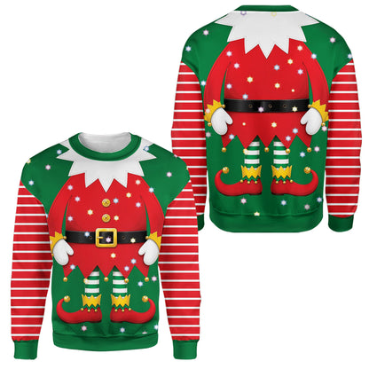 Close up of the red and white horizontal striped sleeves on the ugly sweater