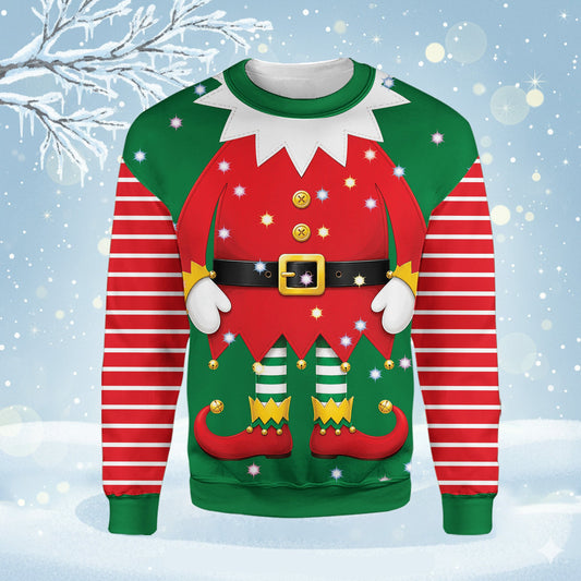 Festive elf ugly christmas sweater with printed red tunic and striped sleeves, main view