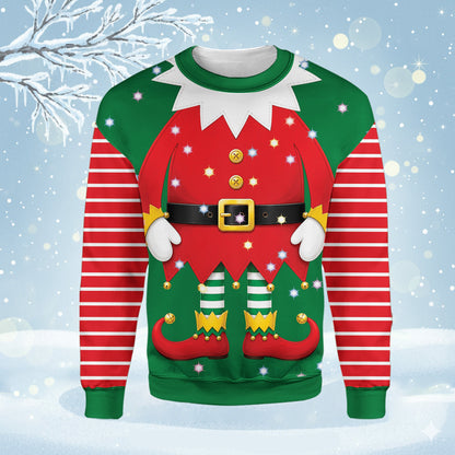 Front view of the elf body ugly sweater outfit on a green background