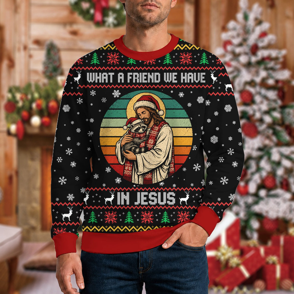 Detailed front view of faith and humor ugly sweater