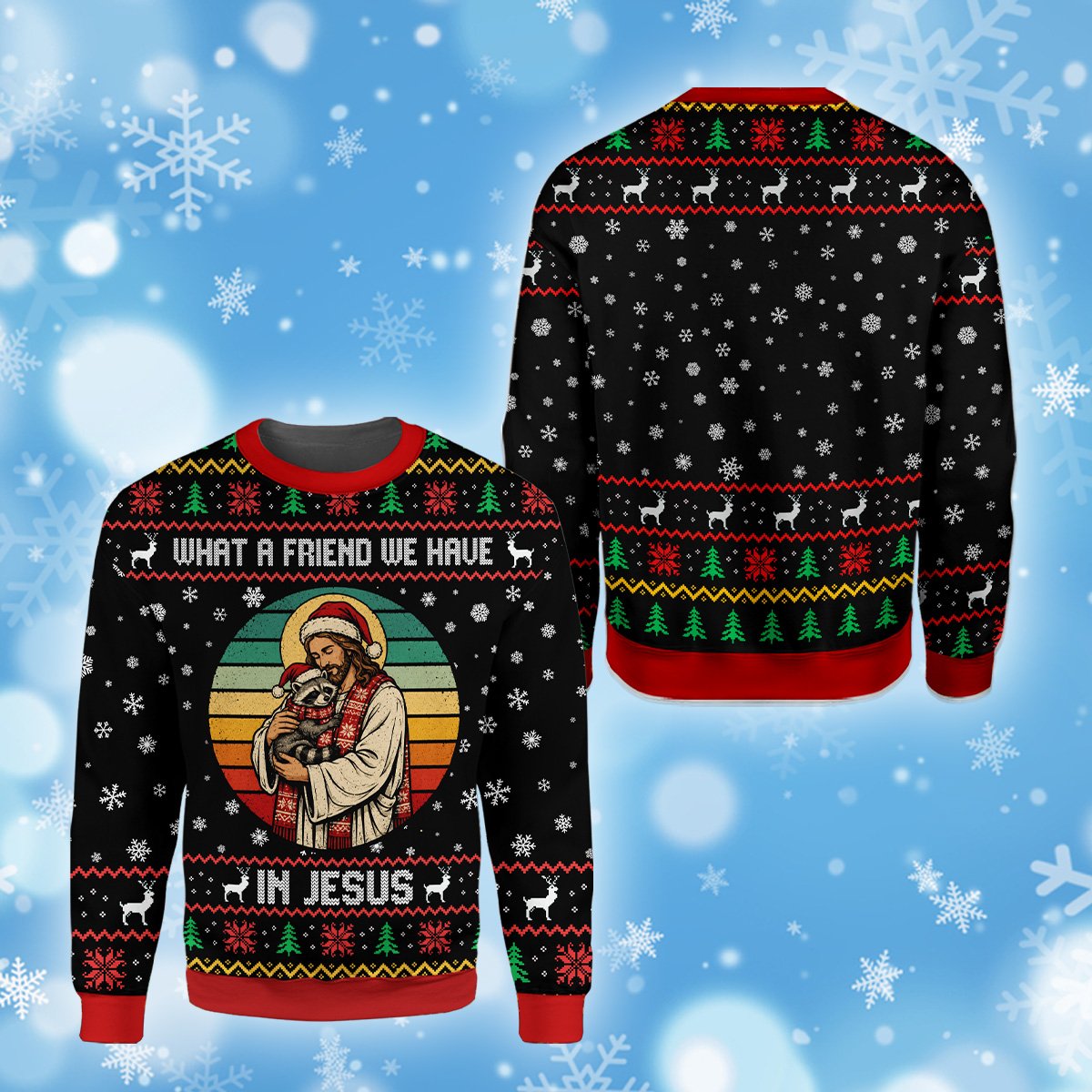 Close up of the raccoon graphic on the black faith ugly sweater