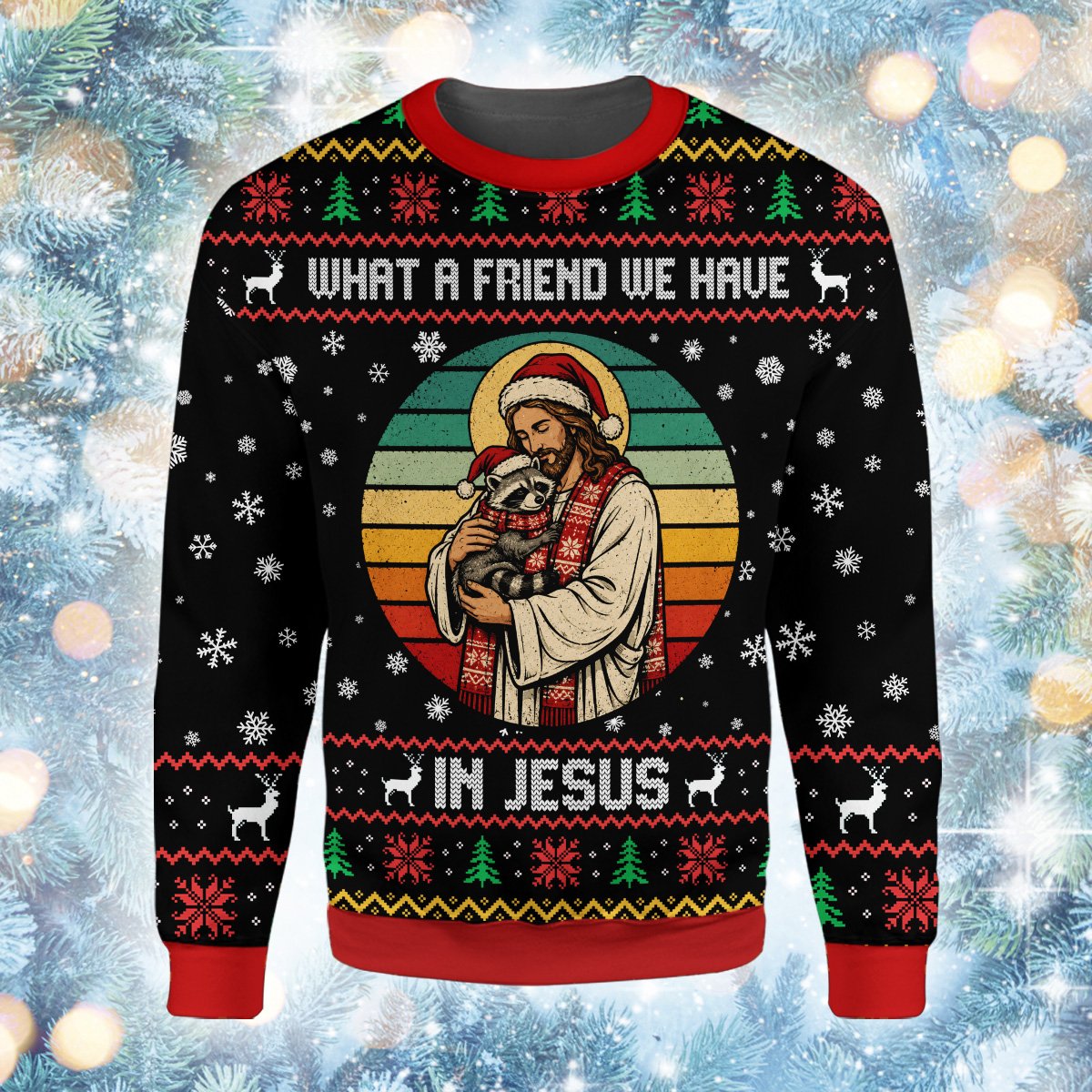 Lifestyle image of an adult wearing the faith and humor ugly sweater