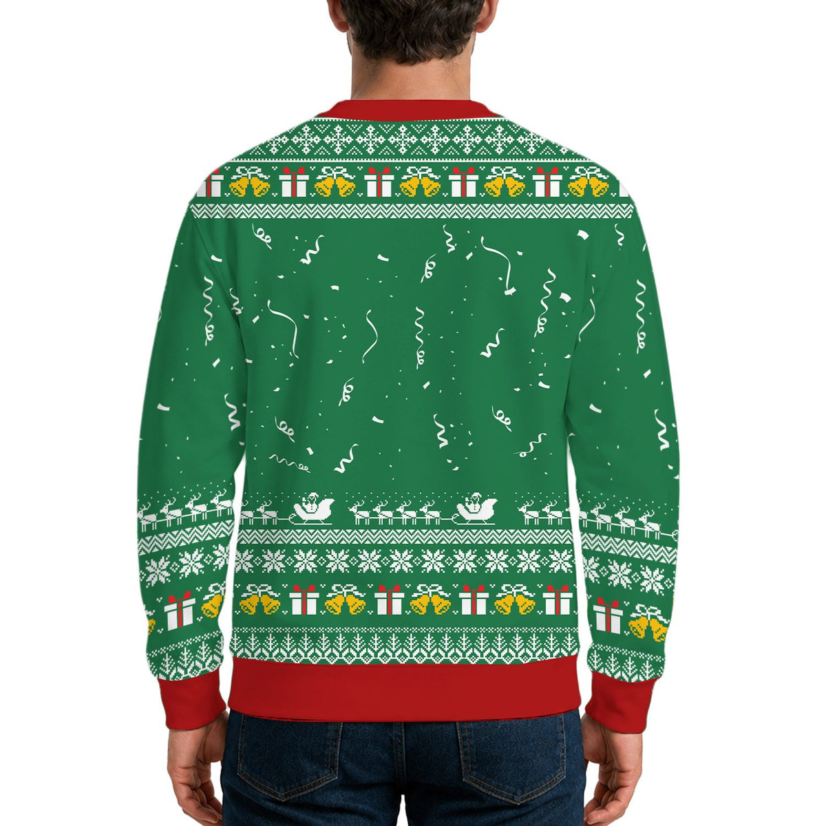 Close up back view of the festive green sweater