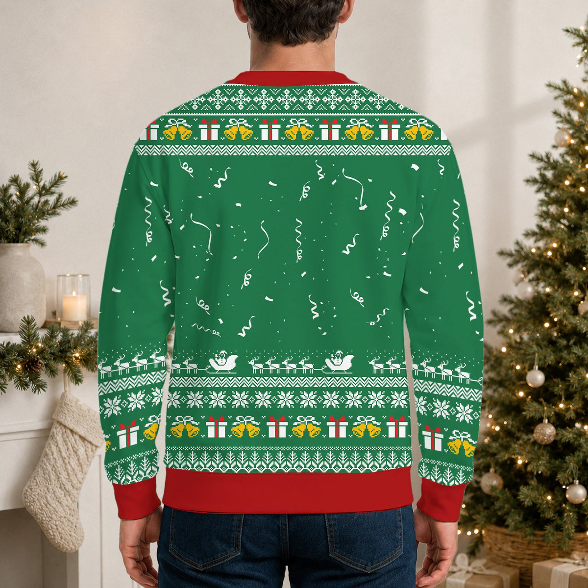 Back view of the green faith ugly sweater