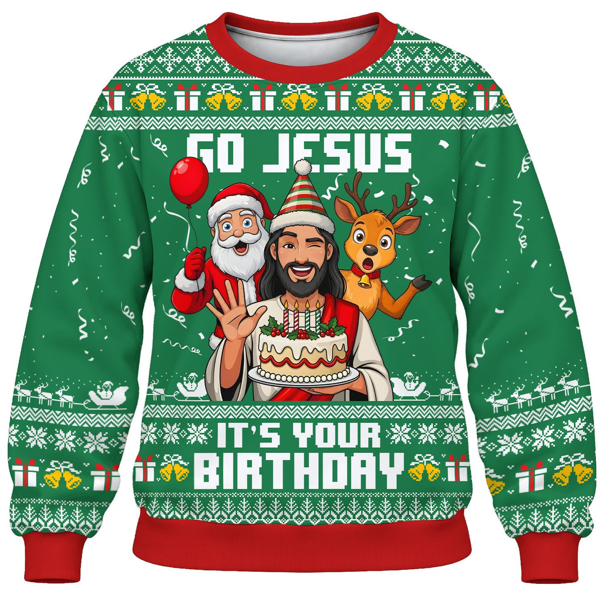 Close up front view of the green ugly sweater pattern