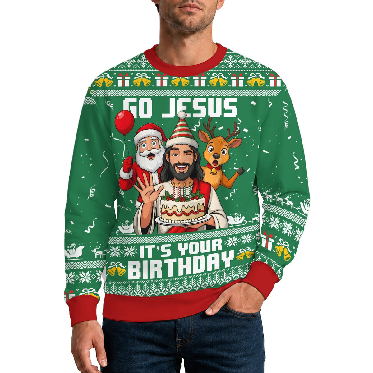 Front view of the humorous Christmas ugly sweater