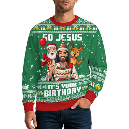 Green faith ugly sweater with Jesus birthday design, main view