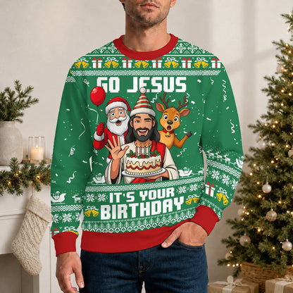 Adult wearing the green faith ugly sweater at a holiday gathering