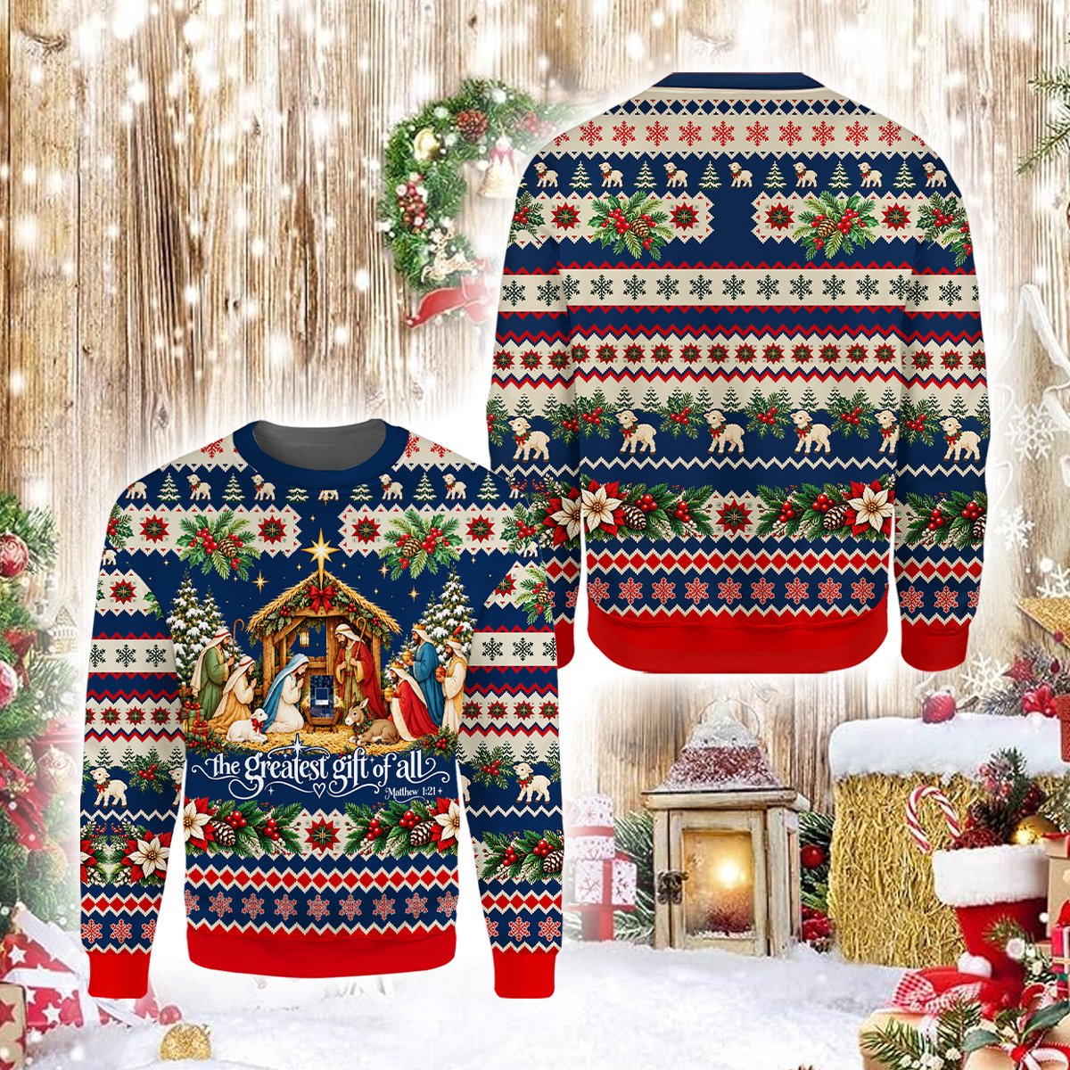 Faith and nativity ugly sweater, alternate back view