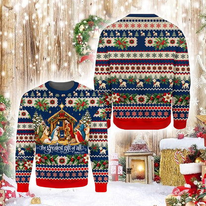 Faith and nativity ugly sweater, alternate back view