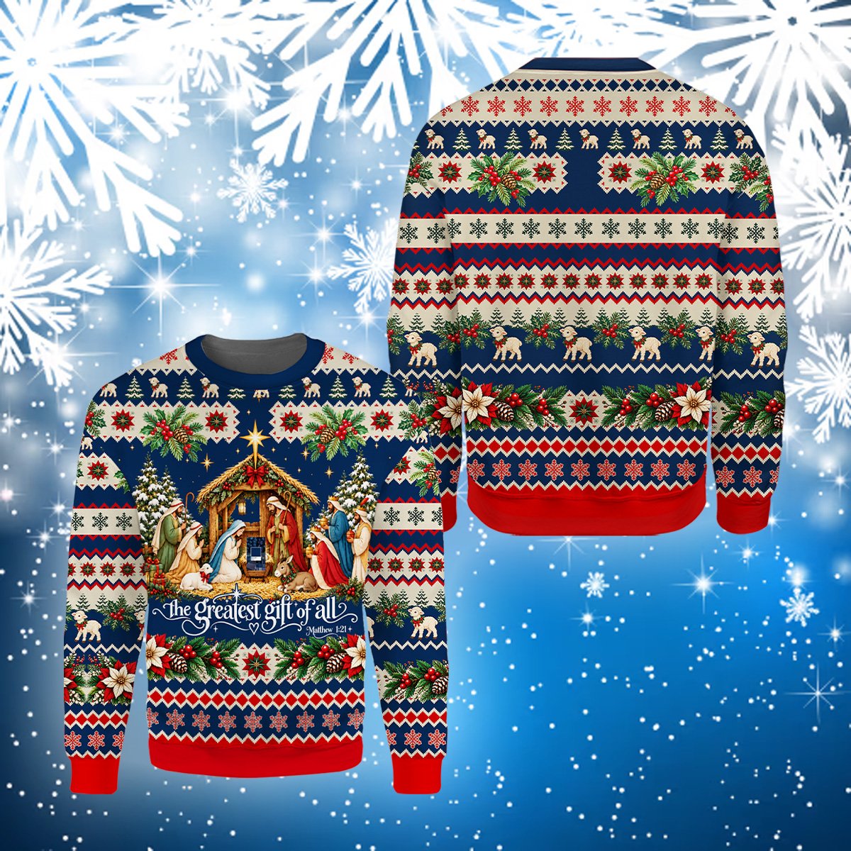 Faith and nativity ugly sweater, flat lay front view