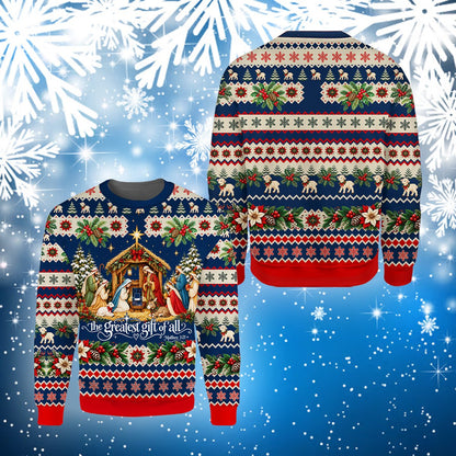 Faith and nativity ugly sweater, flat lay front view
