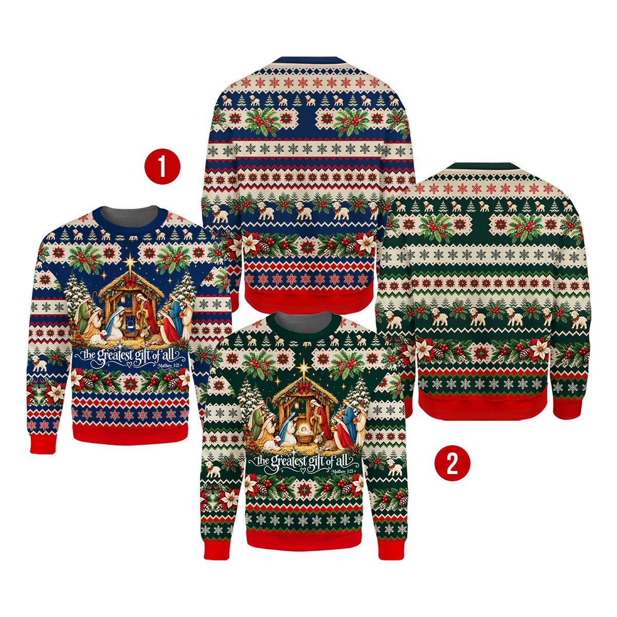 Faith and nativity ugly sweater, lifestyle front view
