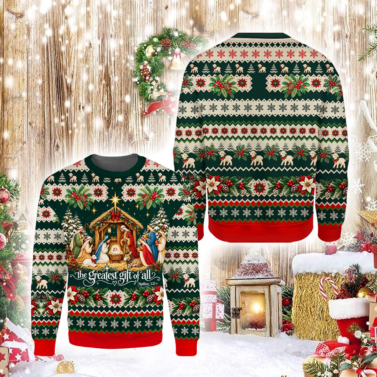 Faith and nativity ugly sweater, front view