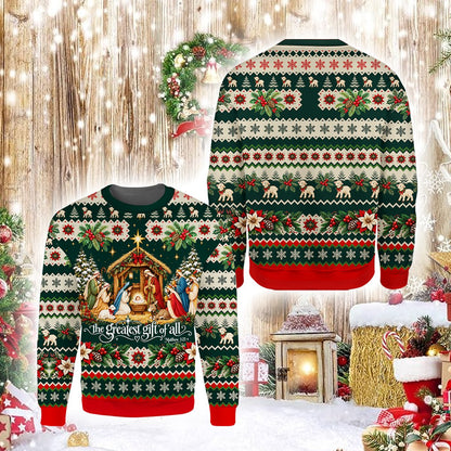 Faith and nativity ugly sweater, front view