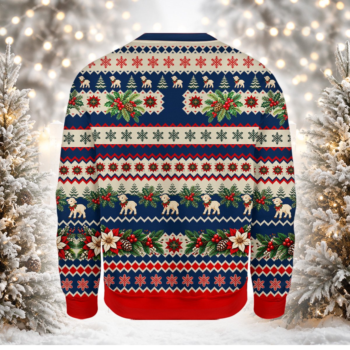 Faith and nativity ugly sweater in red, back view