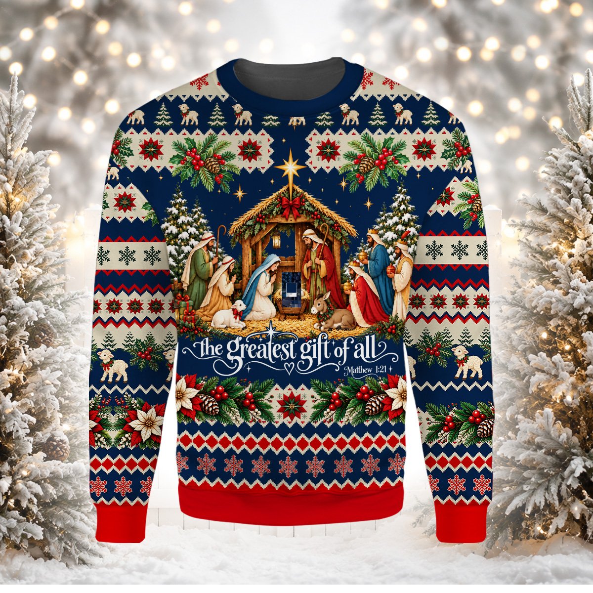 Red faith and nativity ugly sweater, alternate front view