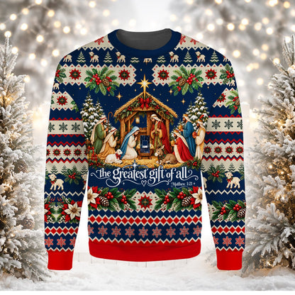 Red faith and nativity ugly sweater, alternate front view