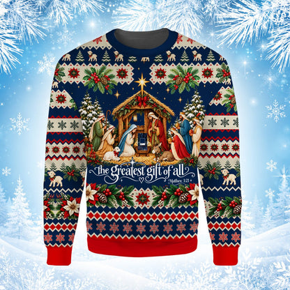 Faith and nativity ugly sweater in red, front view